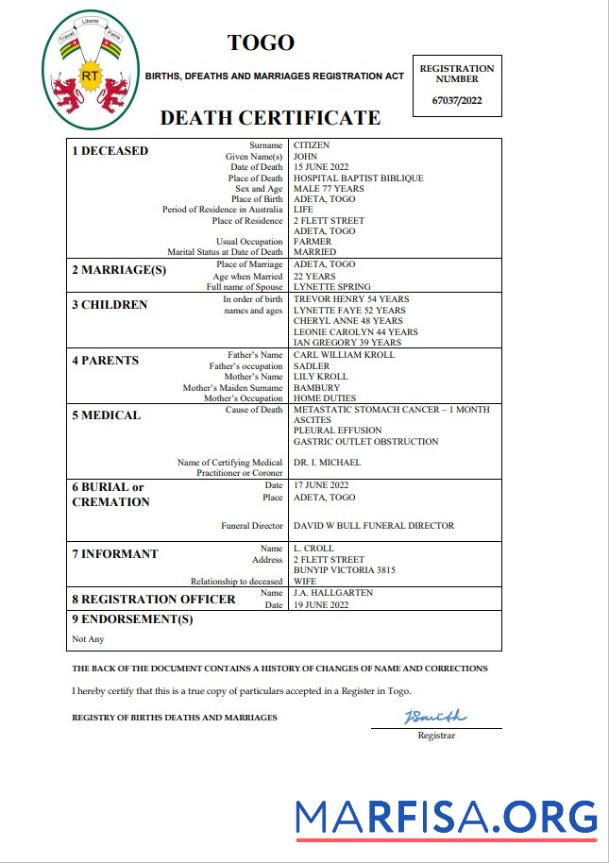 Printable Togo vital record death certificate Word and PDF template